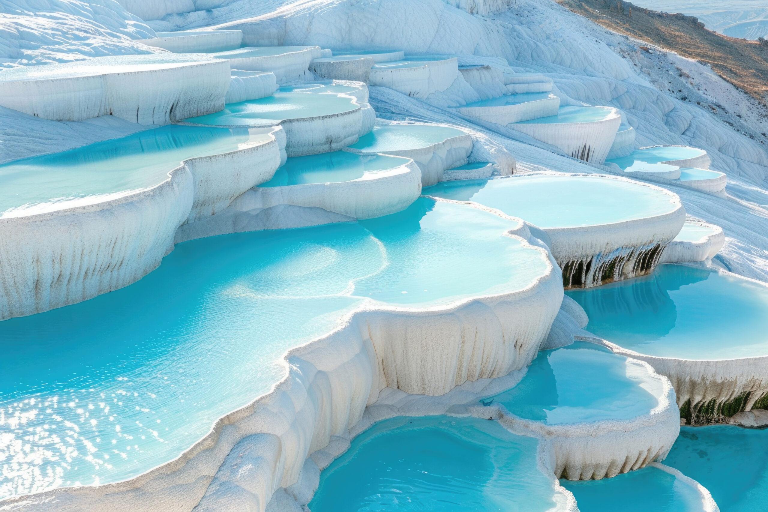 White travertine terraces of Pamukkale with turquoise thermal pools in Turkey